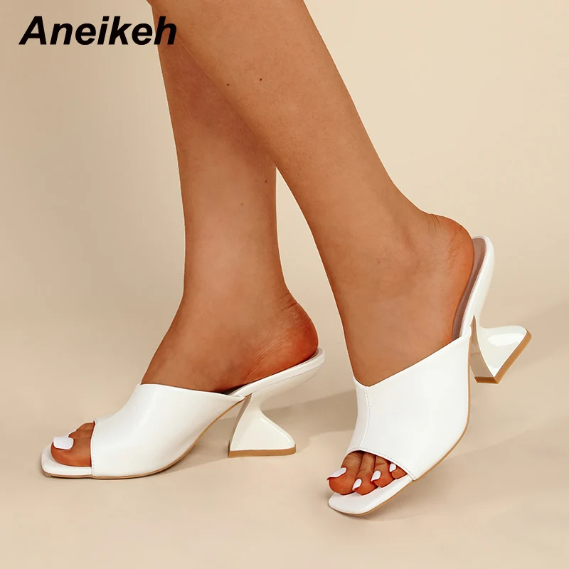 Aneikeh Fashion Solid PU Slip-On Leisure Slipper Strange Heels Square Open Toe Women Mules Outdoor Sandals Size 35-42 Summer New