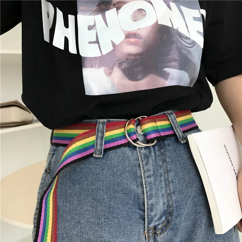 66 Styles Harajuku Unisex Canvas Belts Letter Print Double D Ring Buckle Waist Strap Dress Jeans Student Youth Long Waistband