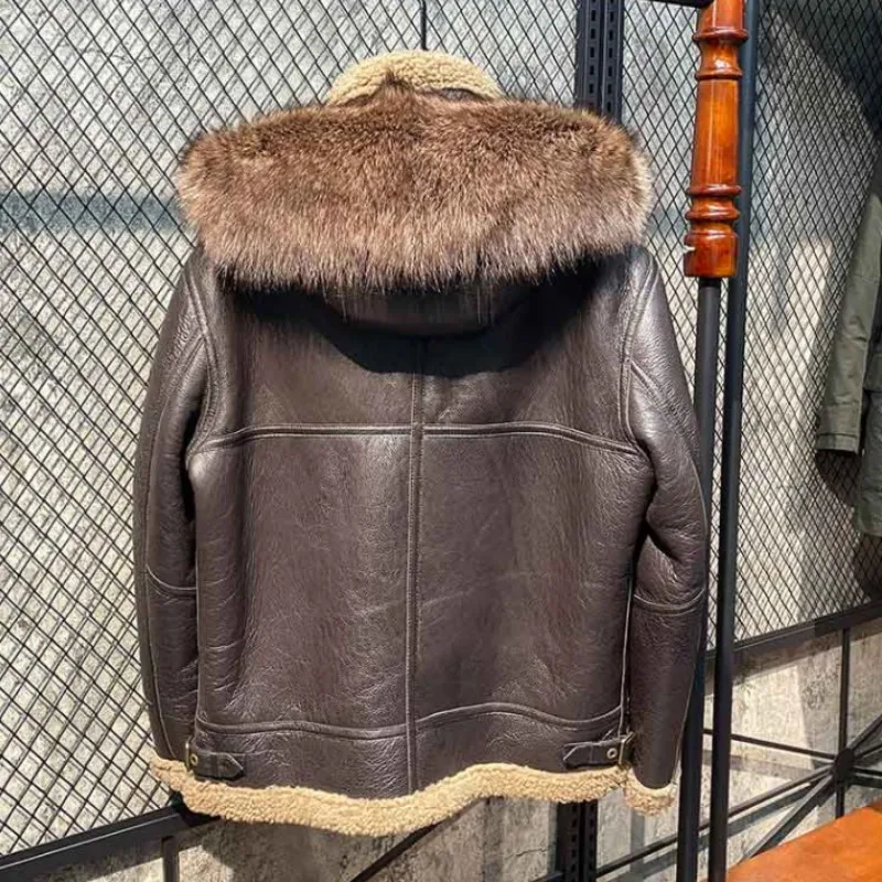 Pardessus en peau de mouton pour hommes, veste pilote en cuir véritable, doublure en fourrure véritable, capuche chaude, optique d'hiver, combinaison, grande taille, 7XL