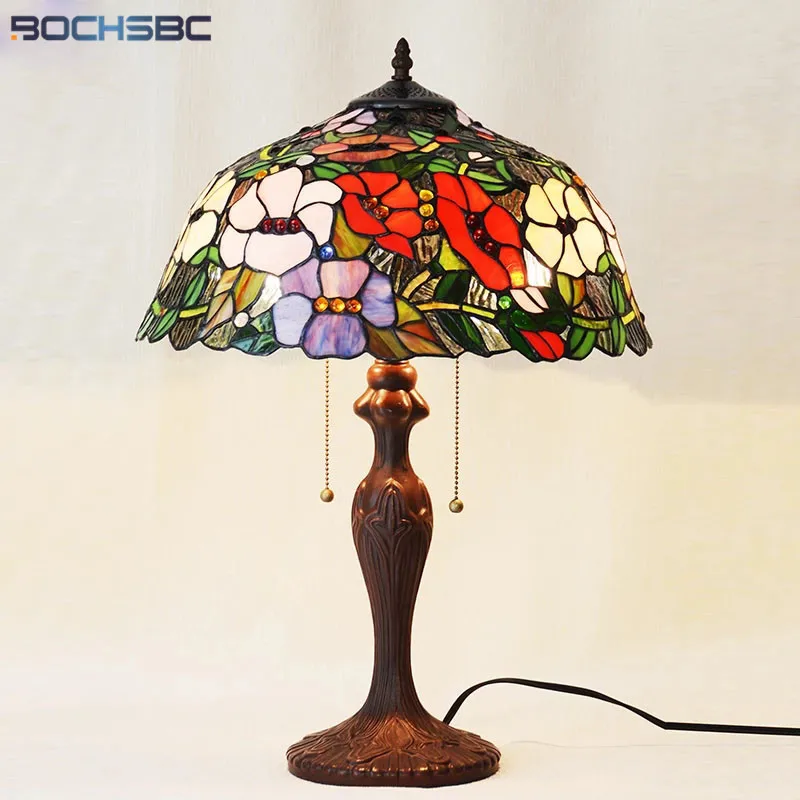 

BOCHSBC Tiffany Style Rose Flower Stained Glass Table Lamp Pearl Morning Glory Desk Light 16" Shade Home Decor LED Arts Lights