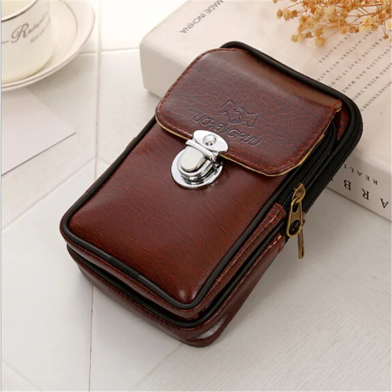 Riñonera de cuero Vintage para hombre, bolso de cintura con cremallera, bolso con Clip para cinturón, bolso de mano para teléfono
