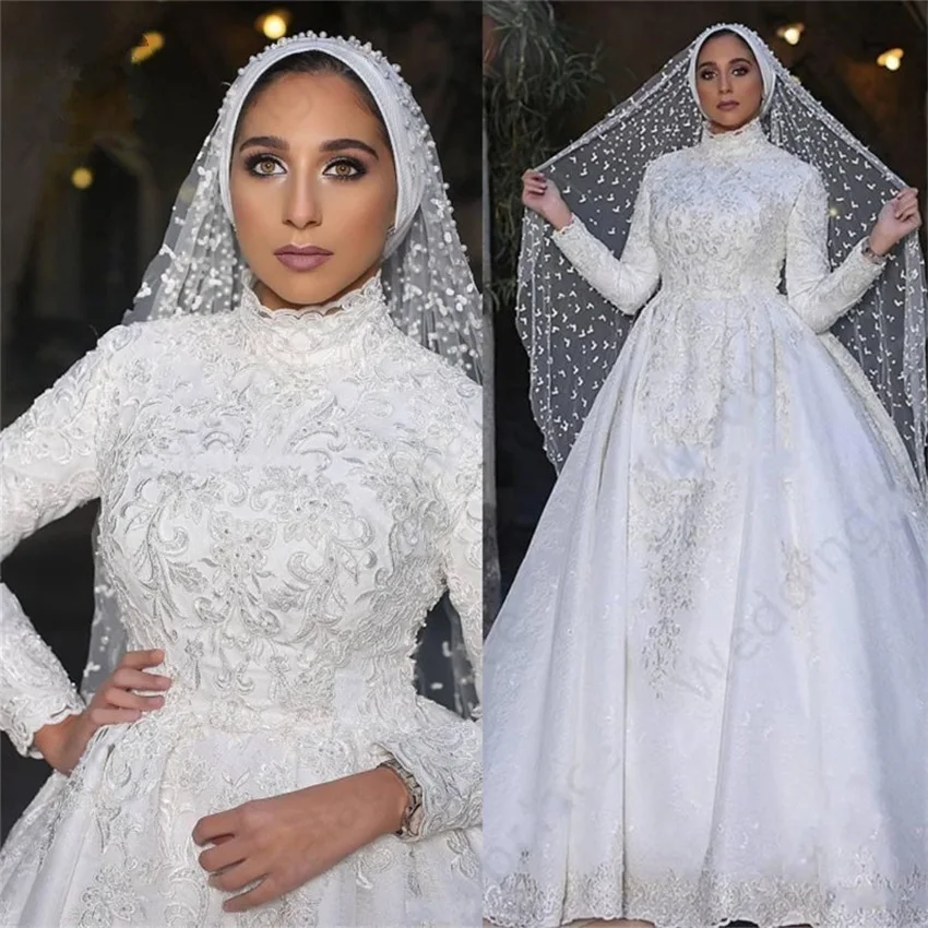 Robe de mariee Maß High Neck Long Sleeves Muslim Brautkleider 2020 Luxus Prinzessin Spitze Ballkleid Hochzeit Kleider