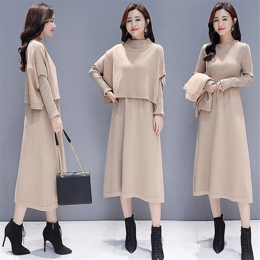 High Quality Autumn Winter Women Knitted 2 Piece Set Batwing Sleeve Loose Tops+long Skirt Female Sweater Suits