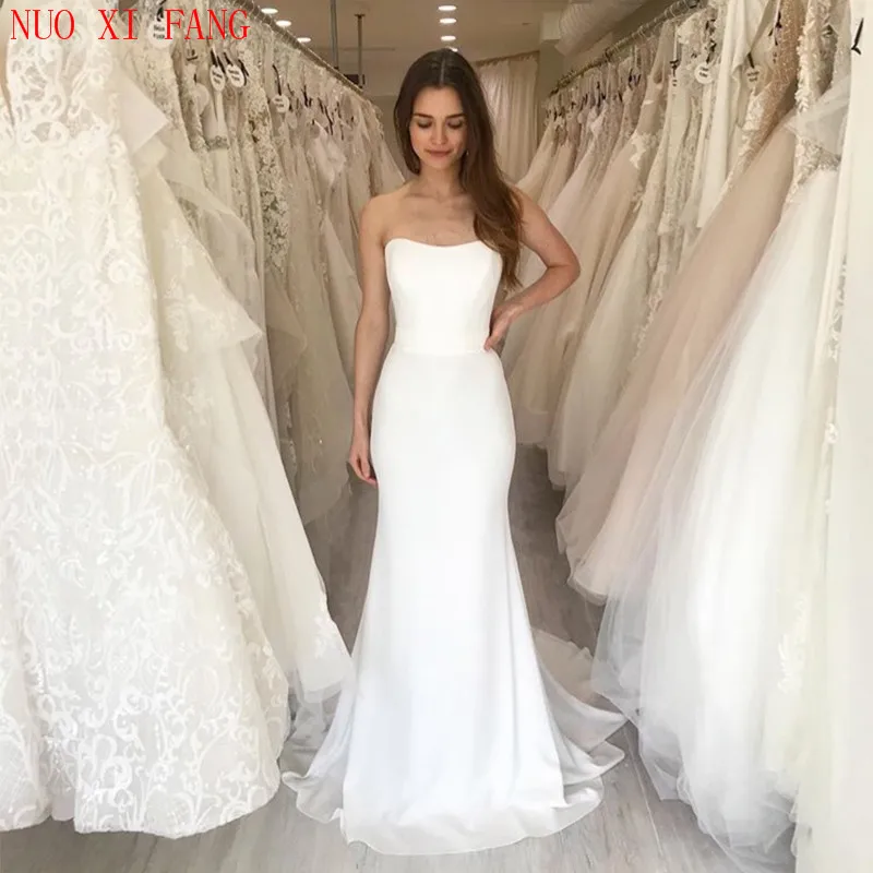 Elegant Long Beach Wedding Dress Strapless Mermaid Style Bohemian Bridal Dress Court Train White Ivory Vestido De Noiva