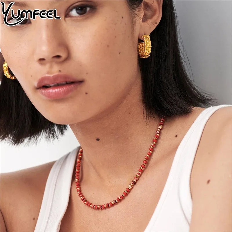 Yumfeel New Semi-precious Lemon Jade Necklaces Womens Bohemian Red Jasper Heishi Beaded Handmade Jewelry Gifts