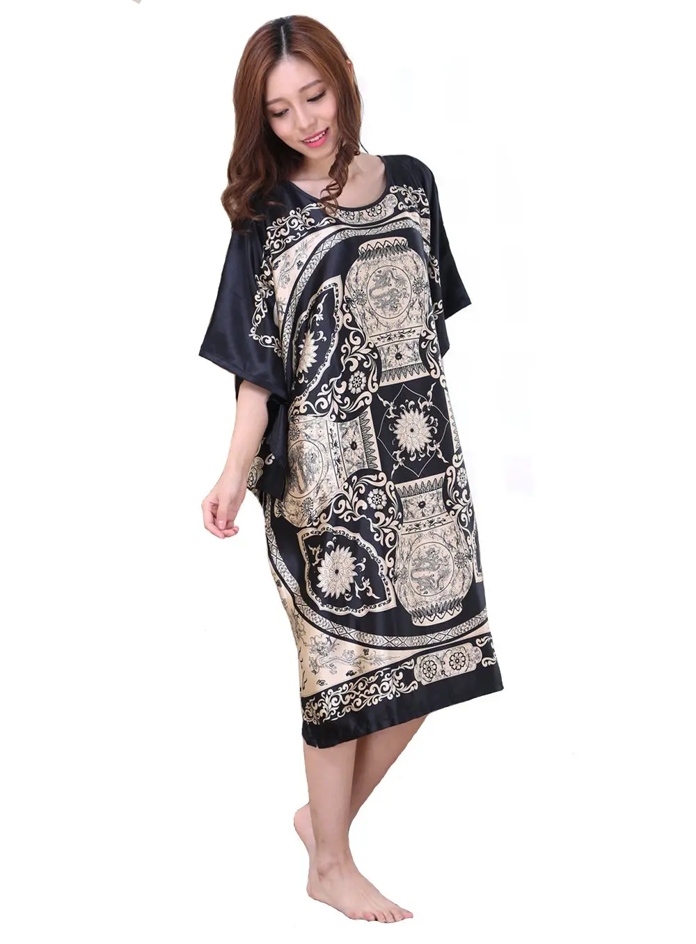 Plus Size Summer Women\'s Faux Silk Nigh Robe Black Lady Bath Gown Nightgown Bathrobe Sleepwear Mujer Pijama Flower Zh07C