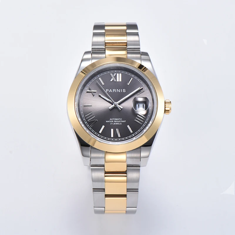 

Golden 39.5mm Parnis Men's Watch Miyota8215 Automatic Movement Polished Bezel Sapphire Glass Date Two Tone 316L Bracelet