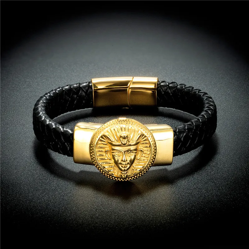 Fashion Men\'s Bracelet Egyptian Pharaoh Image Stainless Steel Magnetic Clasp Braided Leather Bangles & Bracelets Punk Jewelry