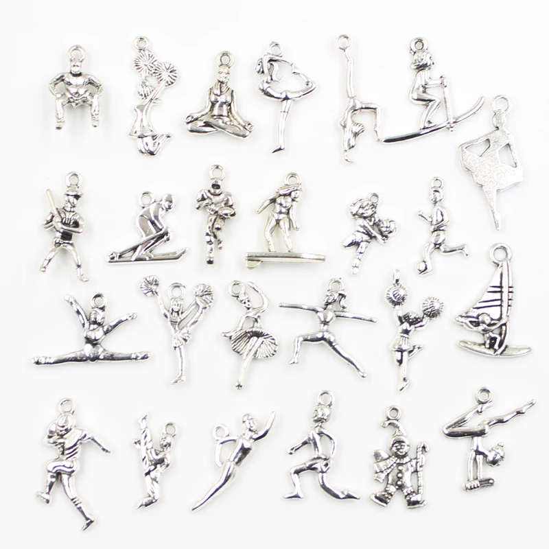 30pcs Charms Football Soccer Volleyball Sporter Baseball Player Antique Silver Color Mixed Pendants DIY Findings Tibetan Jewelry