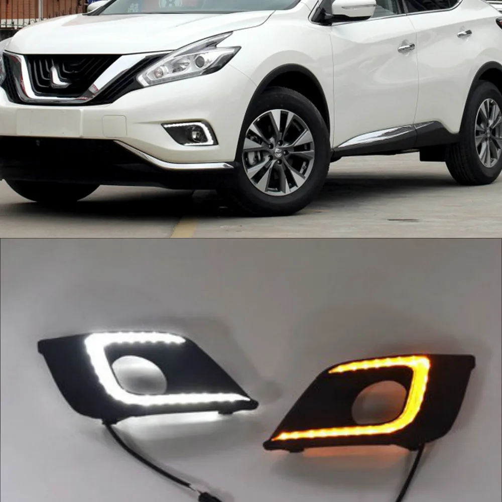 1 Pair DRL Daytime Running Lights For Nissan Murano 2015 2016 fog lamp cover 12V Daylight with yellow turn signal