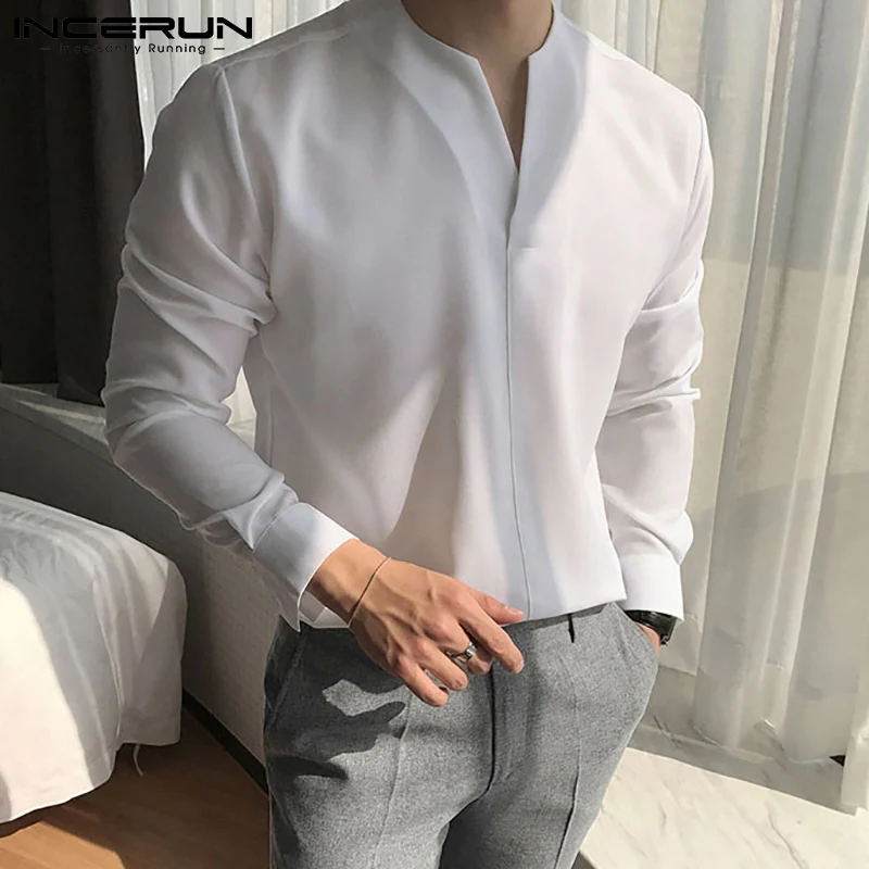 INCERUN 2024 Men Shirt V Neck Long Sleeve Brand Casual Men Clothing Streetwear Solid Color Fashion Leisure Camisa Masculina 3XL