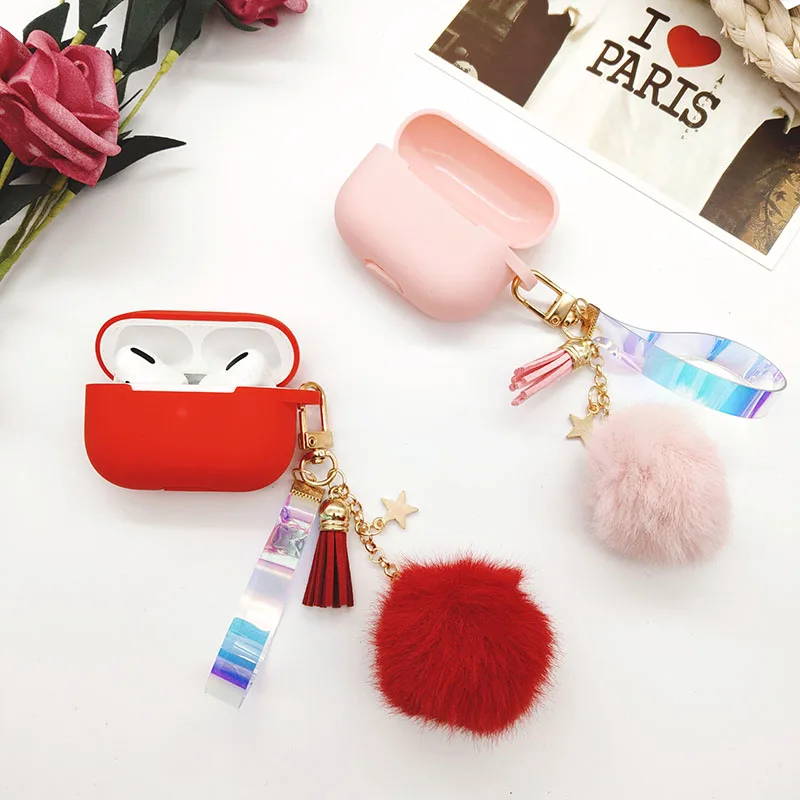 ピンクのシリコンairpodspro 3ケース,bluetoothイヤホン用,かわいい星型のタッセルとヘアボール付きのキーホルダー,airpods 2/1