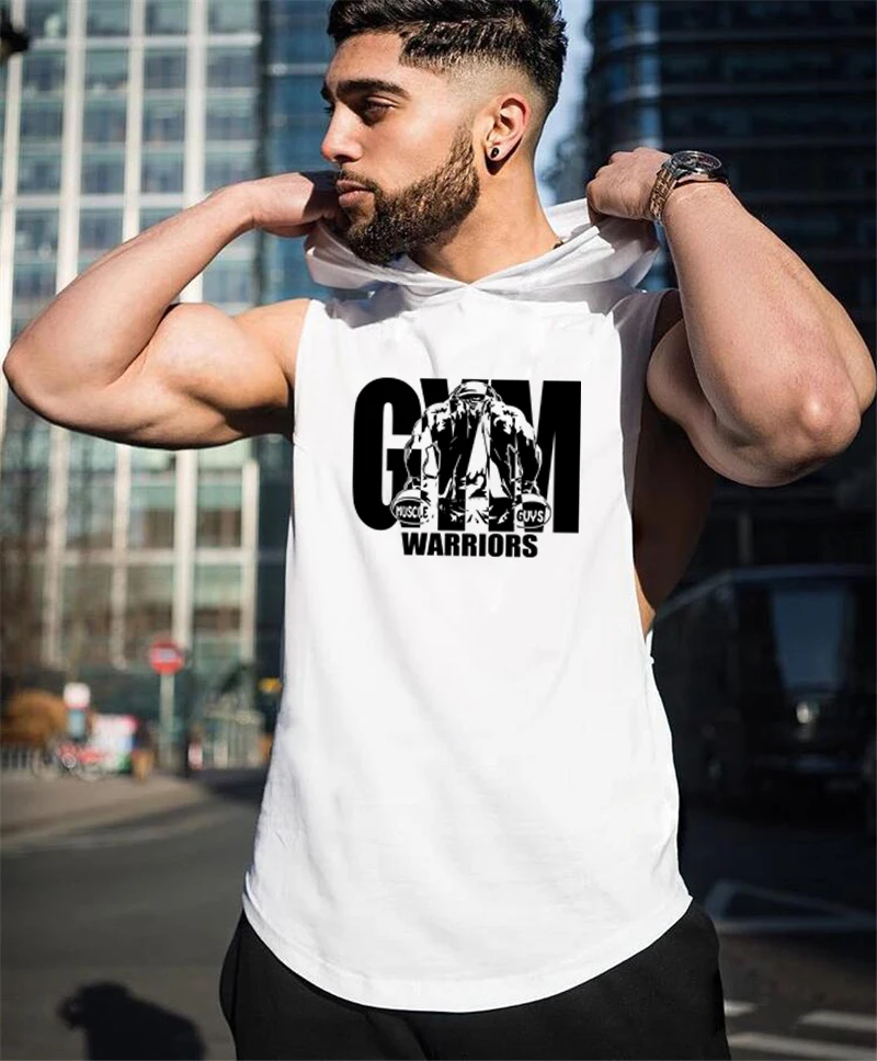 Gym Hooded Tank Top Men Summer Fitness Clothing Bodybuilding Hoody Vest Mens Sports Fashion Cotton Sleeveless T Shirts Plus Size