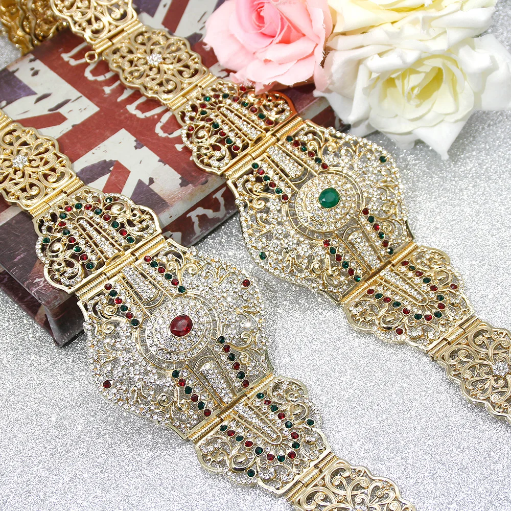 Sunspicems Moroccan Caftan Belt for Women Full Rhinestone Sahara Robe Waist Chain Marrakech Ethnic Wedding Jewelry Gift