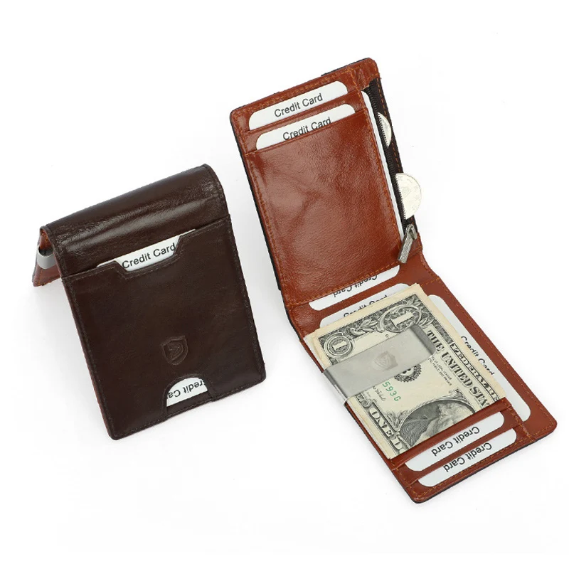 Genuine Leather Men's Wallet With Coin Pocket Credit Card Holder Purse For Man Portable Bifold Clamp Male Money Bag Metal Clip