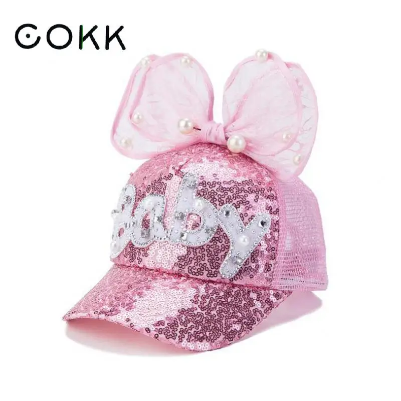 

COKK Mesh Baseball Cap Kids Snapback Hats For Girls Boys Baby Big Yarn Bow Sequin Children Summer Hat Cap Sunhat Bone Outdoors