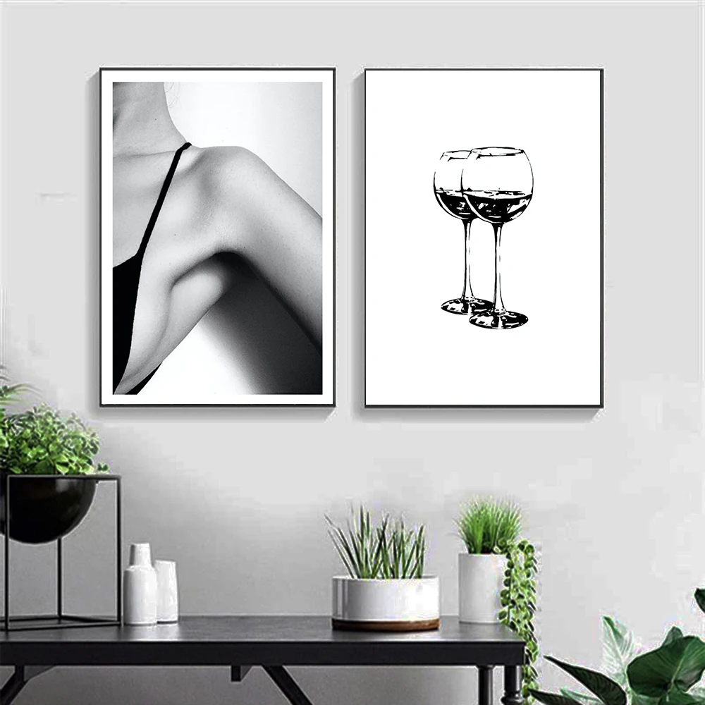 Fashion Woman Art Poster Pink Sexy Lips Canvas Print Wall Painting Cheers Black White Glasses Room Decoration Creative Picture
