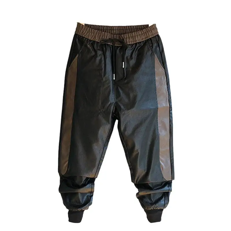 

Idopy New Arrival Autumn Winter Mens Korean Hip Hop Faux Leather Harem Pants Patchwork Drawstring Elastic Waist PU Joggers