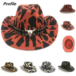 Curled cowboy hat with red jazz cow print monochrome knight felt hat for men and women with big eaves шапка мужская