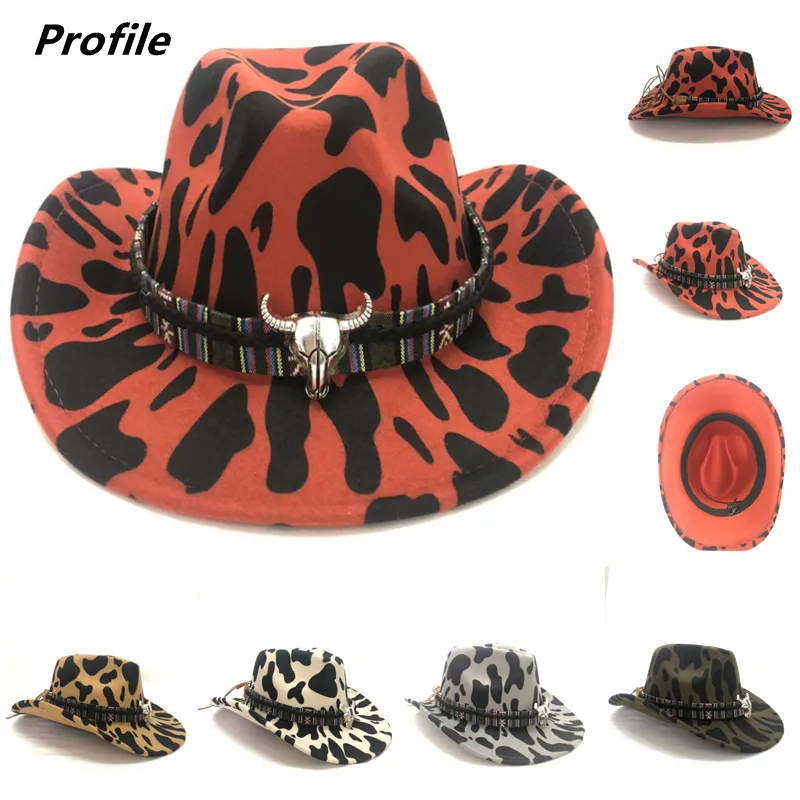 Curled cowboy hat with red jazz cow print monochrome knight felt hat for men and women with big eaves шапка мужская