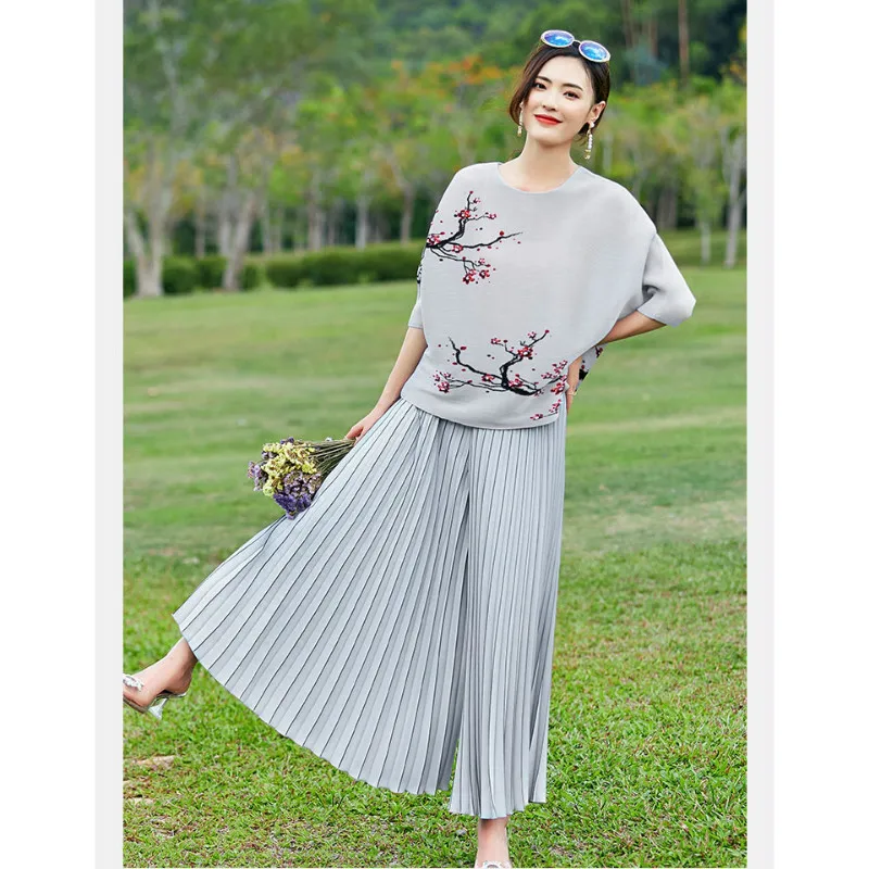 Clothing Sets For Women 2022 Summer Round Neck Batwing Sleeves Print Loose T-Shirts + High Waist Wide Leg Pleated Pants