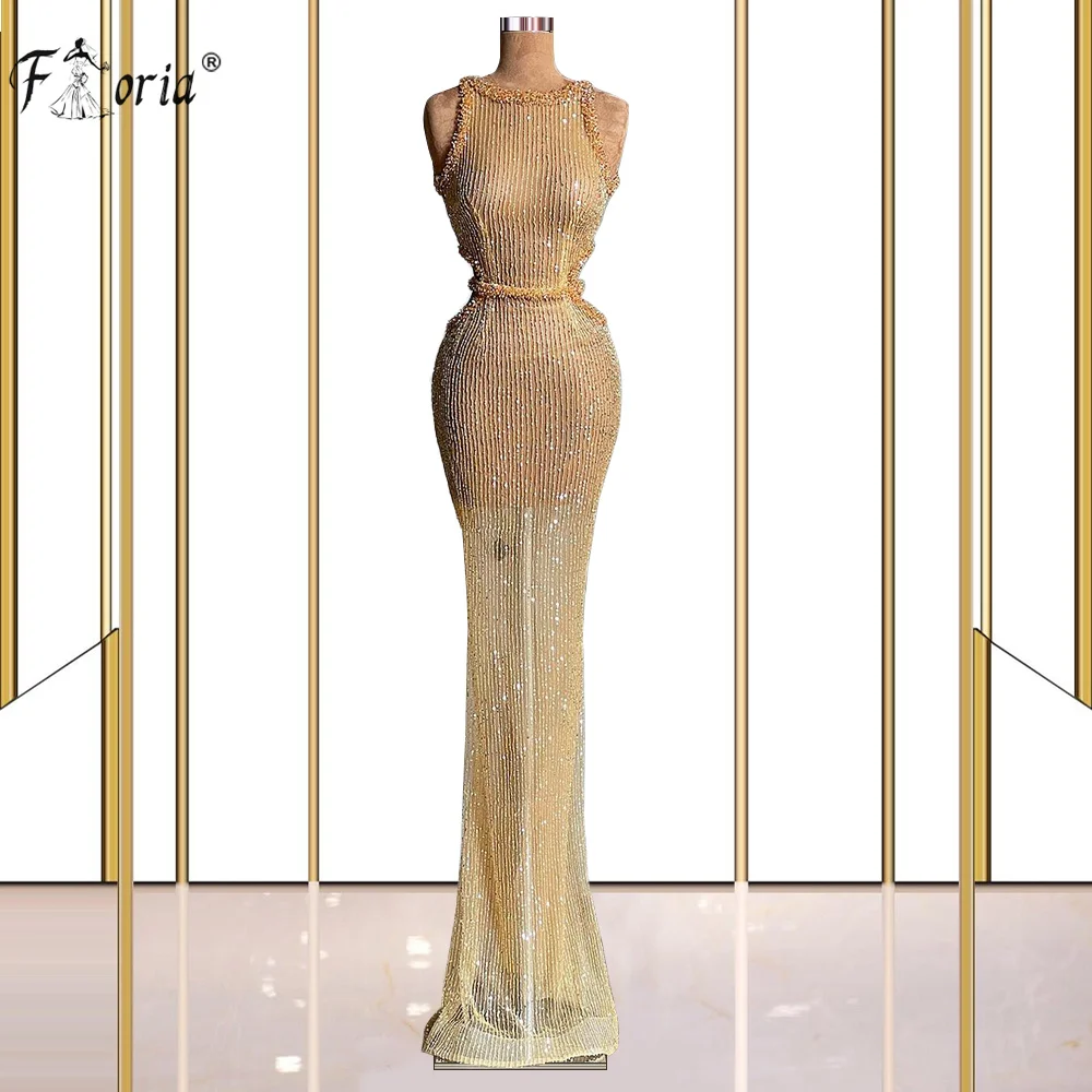 Illusion Gold-Vestidos de Noche transparentes con lentejuelas y cuentas, Sexy, sin mangas, para baile de graduación, lujo, largos, formales, Dubái, 2021