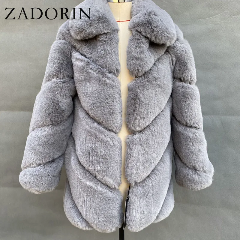 ZADORIN-casaco longo de pele de coelho falso para mulheres, gola virada para baixo, quente, fofo, pele falsa, jaqueta, moda, inverno