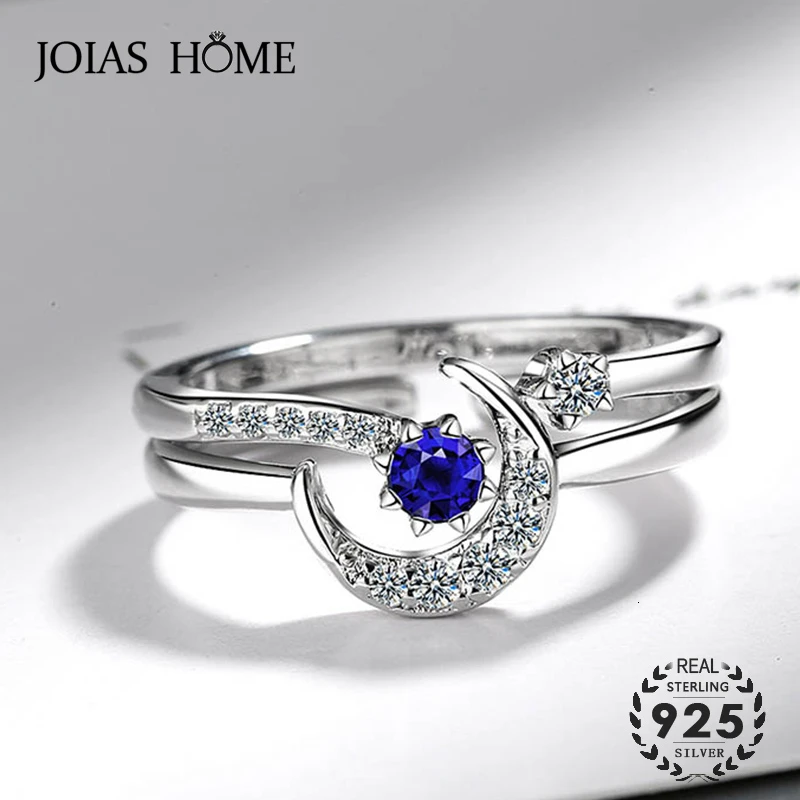 JoiasHome Fashion 925 Silver Ring With  Star Moon Shape Sapphire Zircon Gemstones Open Ring For Women Wedding Gifts 2PCS/LOT