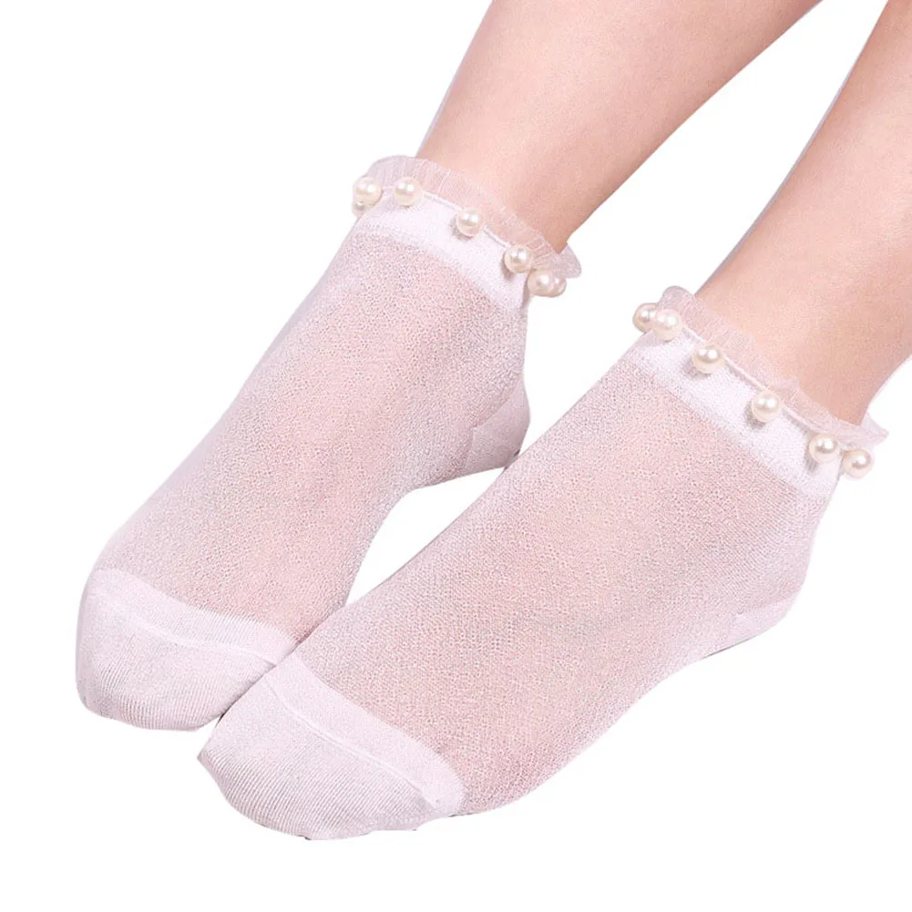 Sexy Women Faux Pearl Glitter Transparent Low Cut Elastic Short Ankle Socks Soft Home Floor Warm Sock Clothing Accessory