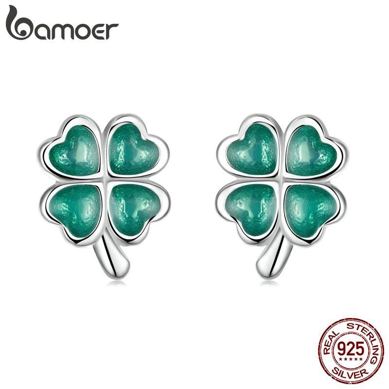 bamoer 925 Sterling Silver Four-Leaf Clover Stud Earrings for Women Hypoallergenic Green Enamel Ear Studs Fine Jewelry Gift