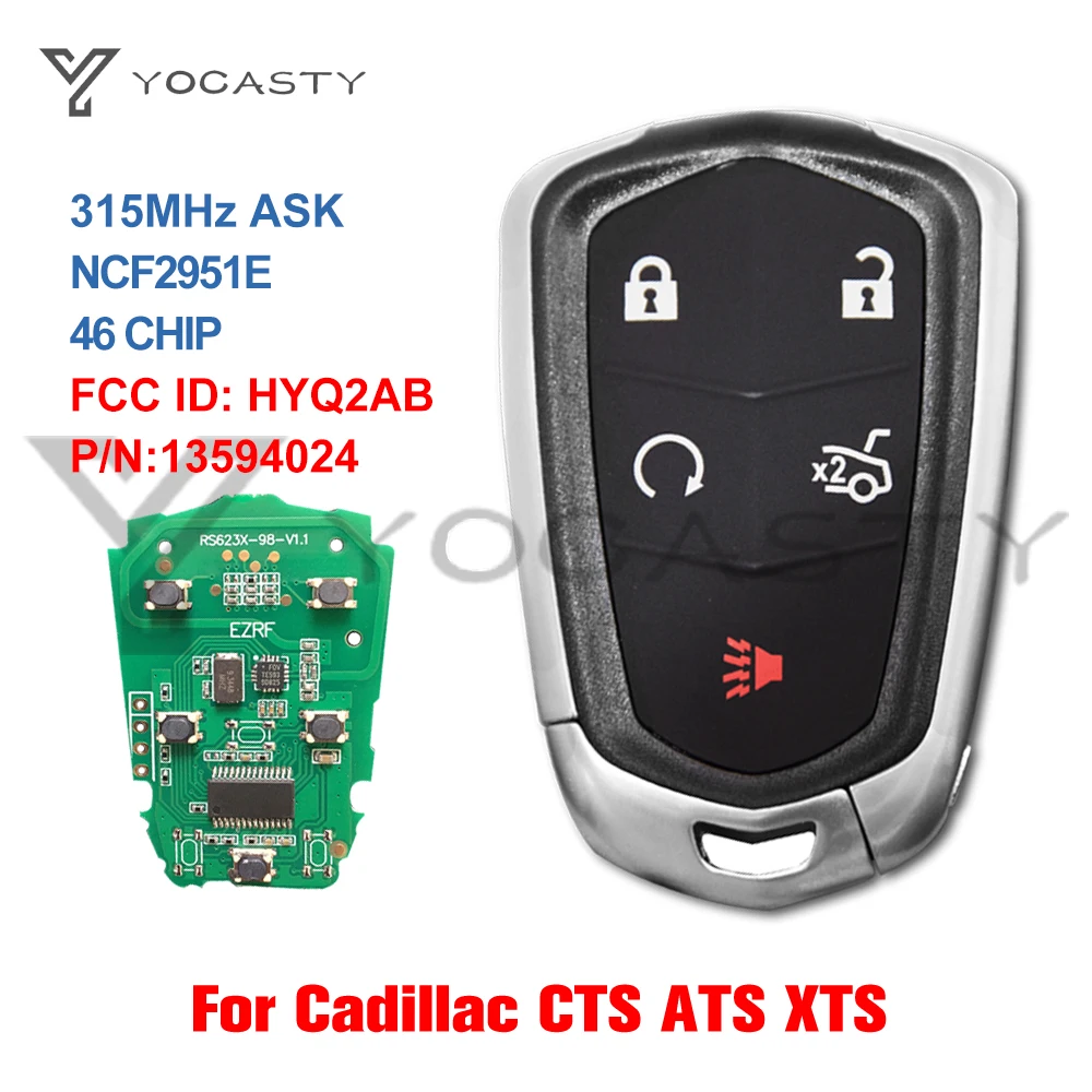 YOCASTY 5BTN Smart Remote Key Fob For Cadillac CTS ATS XTS 2014-2019 with NCF2951E HITAG 2 46 CHIP HYQ2AB 13594024 315MHZ 433MHZ