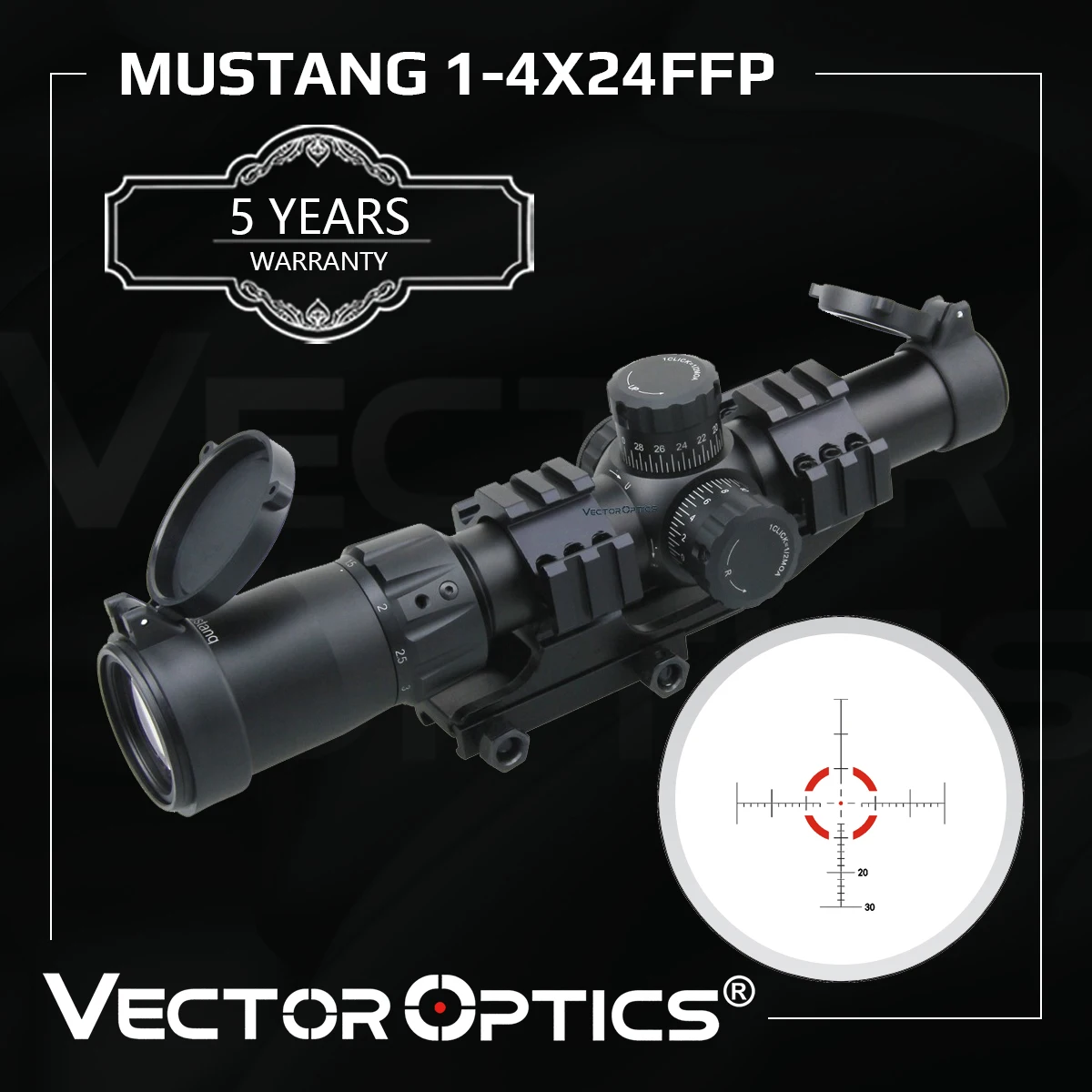 

Vector Optics Mustang 1-4x24 FFP Riflescope With One Piece Picatinny Mount Turret Lock Feature Long Eye Relief For AR 15 M4