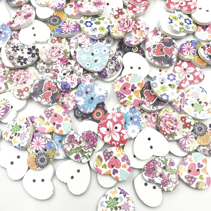 50pcs Mixed Heart Flower Pattern Painting Wood Sewing Buttons 17mm WB736