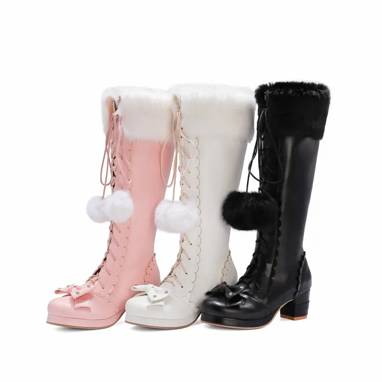 Japanese autumn winter Lolita loli boots  plus cashmere keep warm sweet bow girls high-heeled girls kawaii snow boots loli