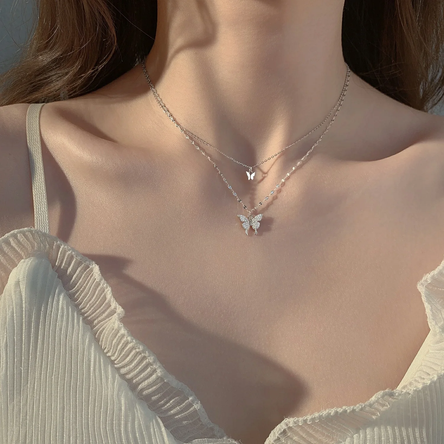 Shiny Butterfly Necklace Female Exquisite Double Layer Pendant Clavicle Chain Necklace Wedding Party Jewelry Gifts Wholesale