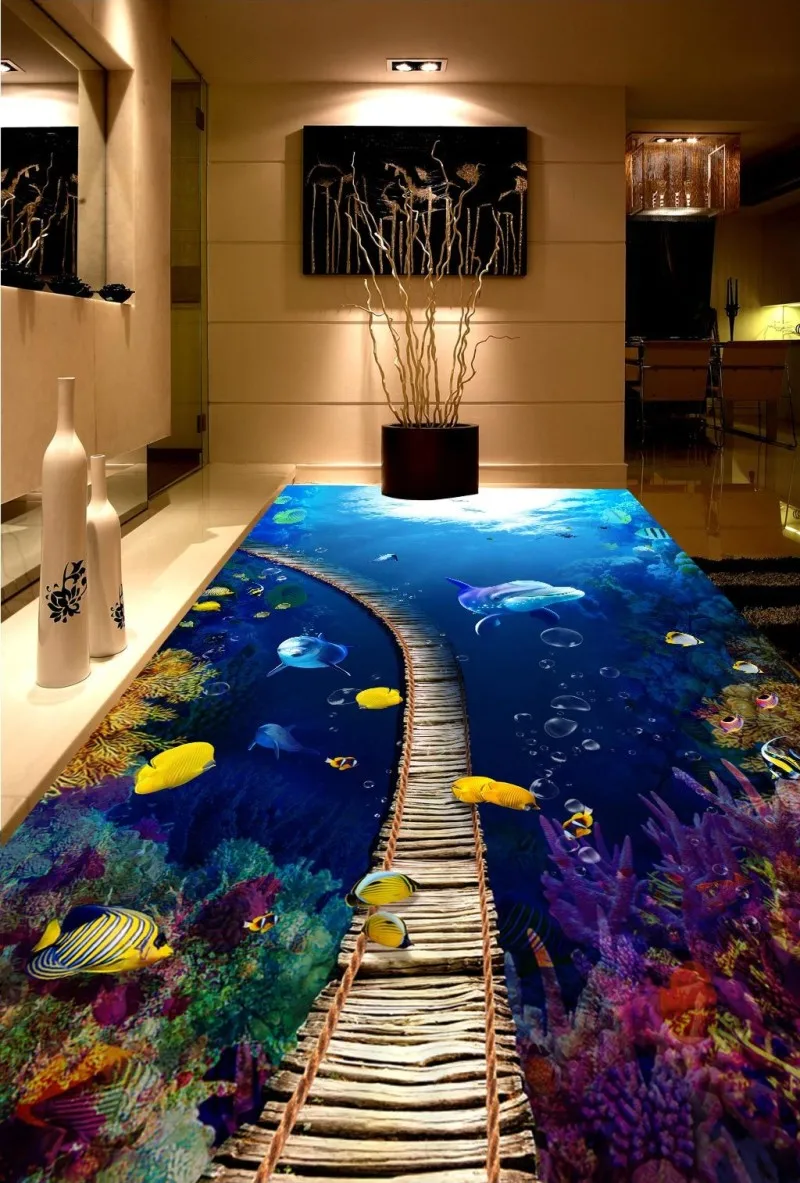 Bathroom 3D Floor Mural Painting Living Room Restaurant Self-Adhesive underwater world dream 3D floor