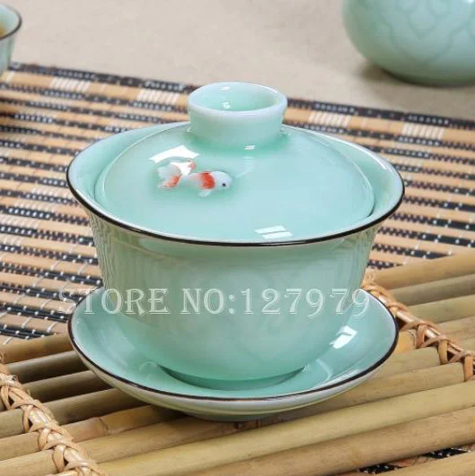 Ceramic Bowl Tea Set Blue and White Porcelain Teaset Celadon Color Carp Tea Cup Teacup 2 Colors Optional