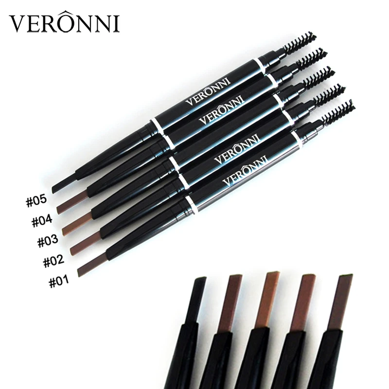 VERONNI-lápiz de cejas de doble punta, 5 colores, resistente al agua, larga duración, No florece, giratorio, tatuaje de cejas triangular