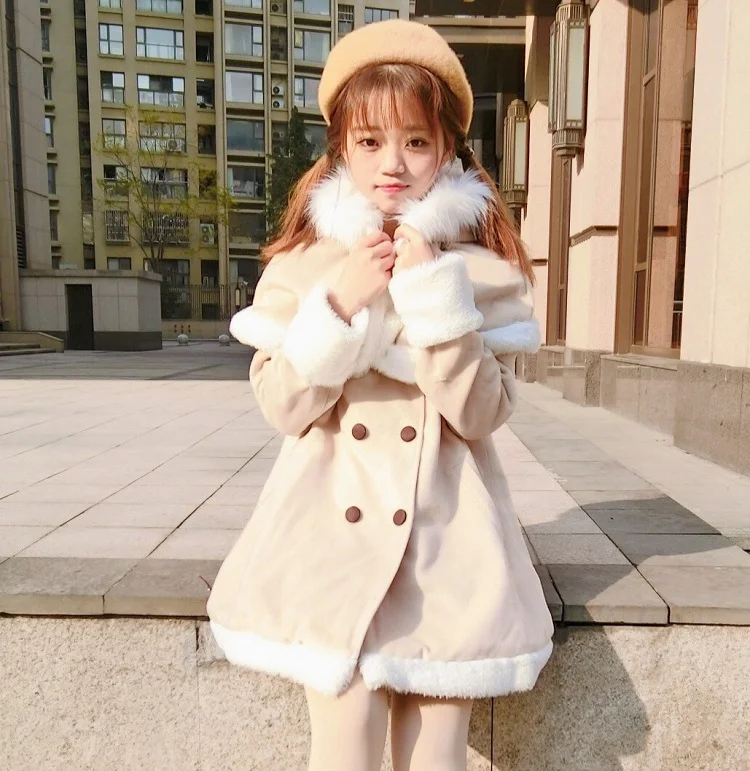 

Winter college style sweet lolita coat plus velvet thicken slim victorian coat+little elk cloak kawaii girl cosplay