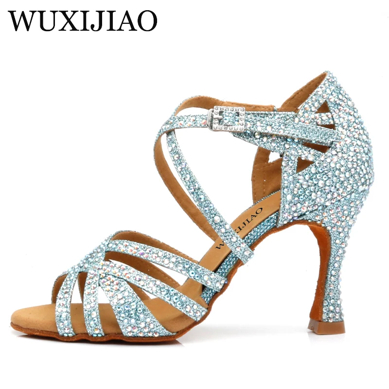 WUXIJIAO 2020 New Rhinestone Latin Salsa shoes Performance Dance Shoes Dance Shoes Ballroom Dance Shoes Women Light Blue Glitter