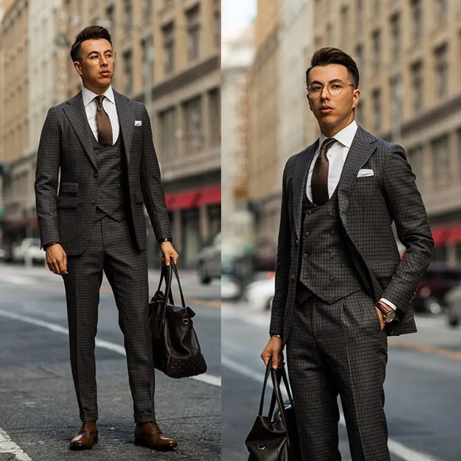 

Mens Suits Polyester Blend 3 Piece (Coat+Vest+Pants) Notched Lapel Costume Homme Business Plaid Suit Slim Fit