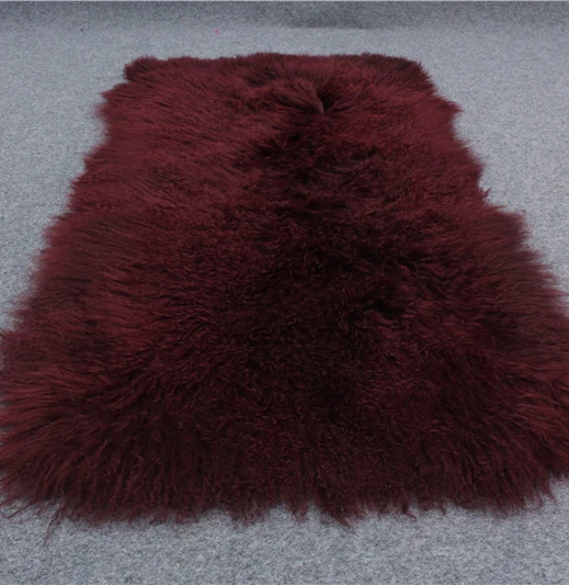 China manufacture real red fur baby blanket long hair curly mongolian tibet lamb fur rug