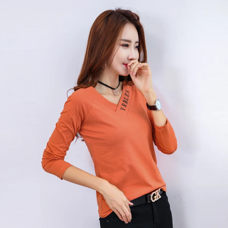 TuangBiang Spring 2023 Orange Long Sleeve V-Neck Letter Print New T-shirt Women Slim Black Tops Ladies Loose Cotton Tee Shirts