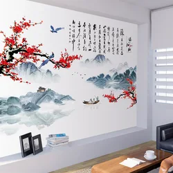 Chinese Style Wall Stickers Landscape Painting Wallpaper Self-adhesive Study Living Room Sofa TV Background House Decoration
