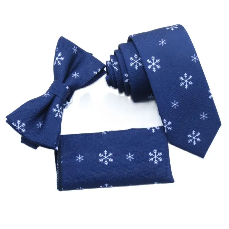 Navy Blue , Male White Snowflake, Men's Narrow Neck, Bow , Pocket Square, 6cm Tie, Blue Necktie.cravate