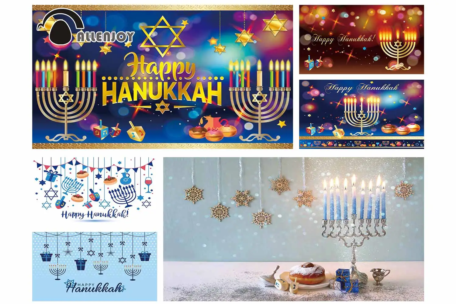 

Allenjoy Hanukkah Menorah Photography Backdrop Jewish Holiday Menorah Candelabra Candle Wood Dreidel Family Background Photocall