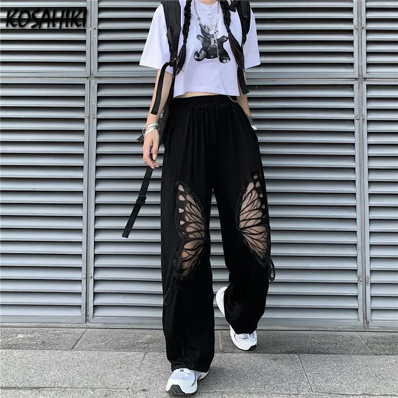 KOSAHIKI Casual Broek Vrouwen Harajuku Vlinder Hol Broek Effen 2025, Hoge Taille Baggy Tieners Chic Broek Mujer All-match