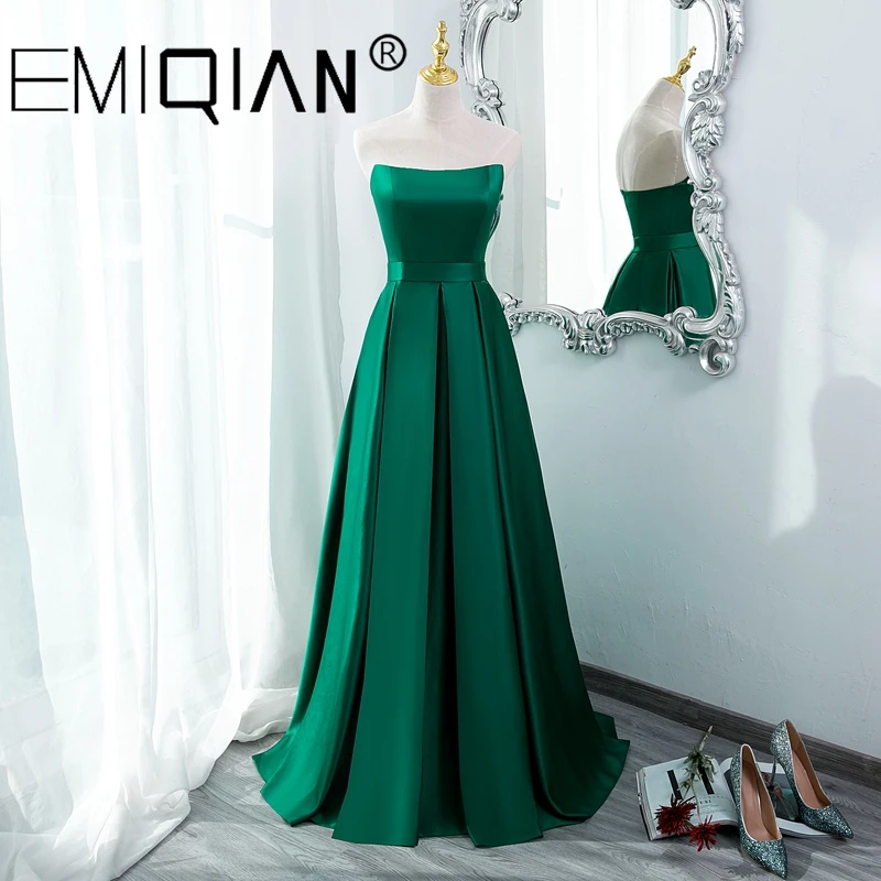 

Simple Women Formal Dress , Strapless Prom Dresses with Pockets Side Slit Green Satin Long Evening Party Gowns