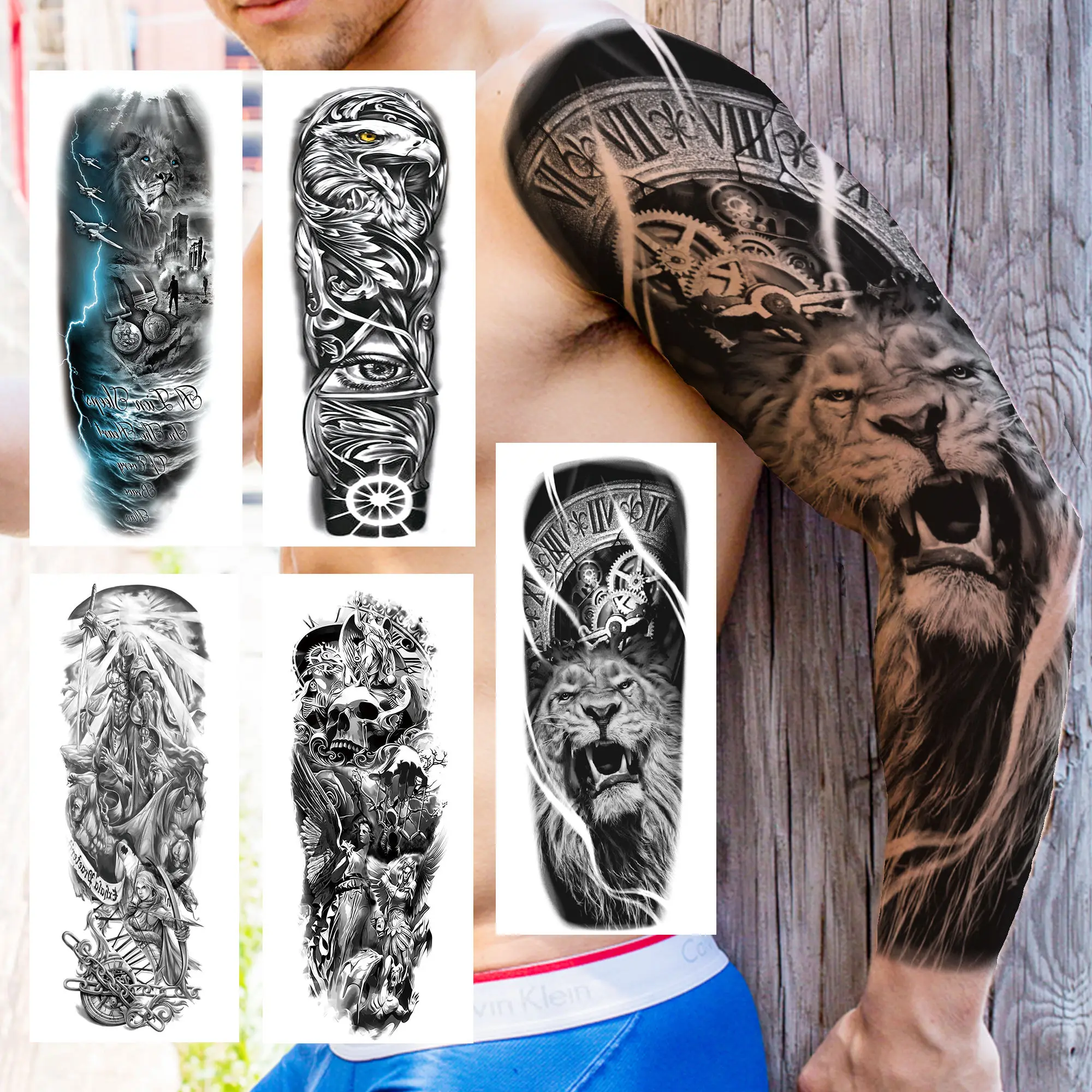 Black Compass Lion Temporary Tattoos Sleeve For Women Men Realistic Fake Eagle Eye Skull Samurai Tatoos Full Arm Tattoo Sticker