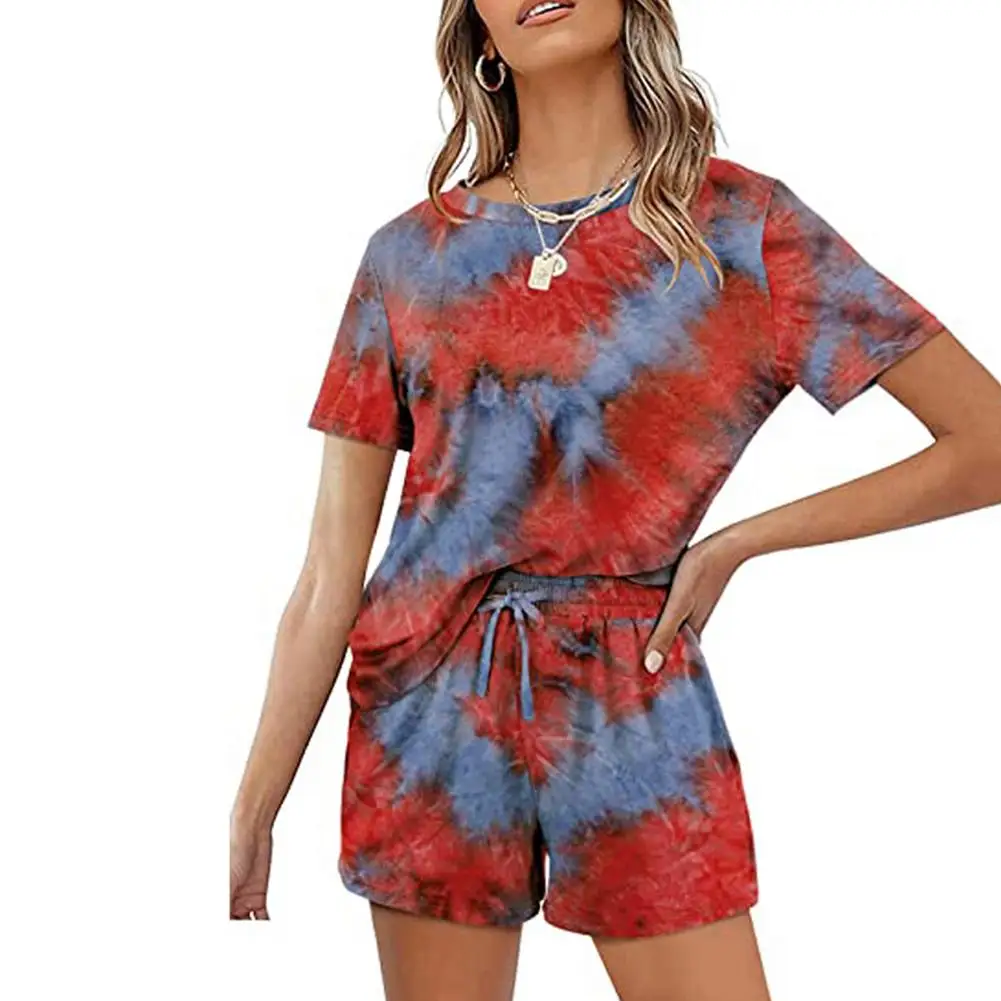 Women 2PC T-shirt/shorts Set Loose Tie-Dye Short Sleeve Tops Drawstring Lace-up Pants Homewear Lady Yoga Sport Tracksuit